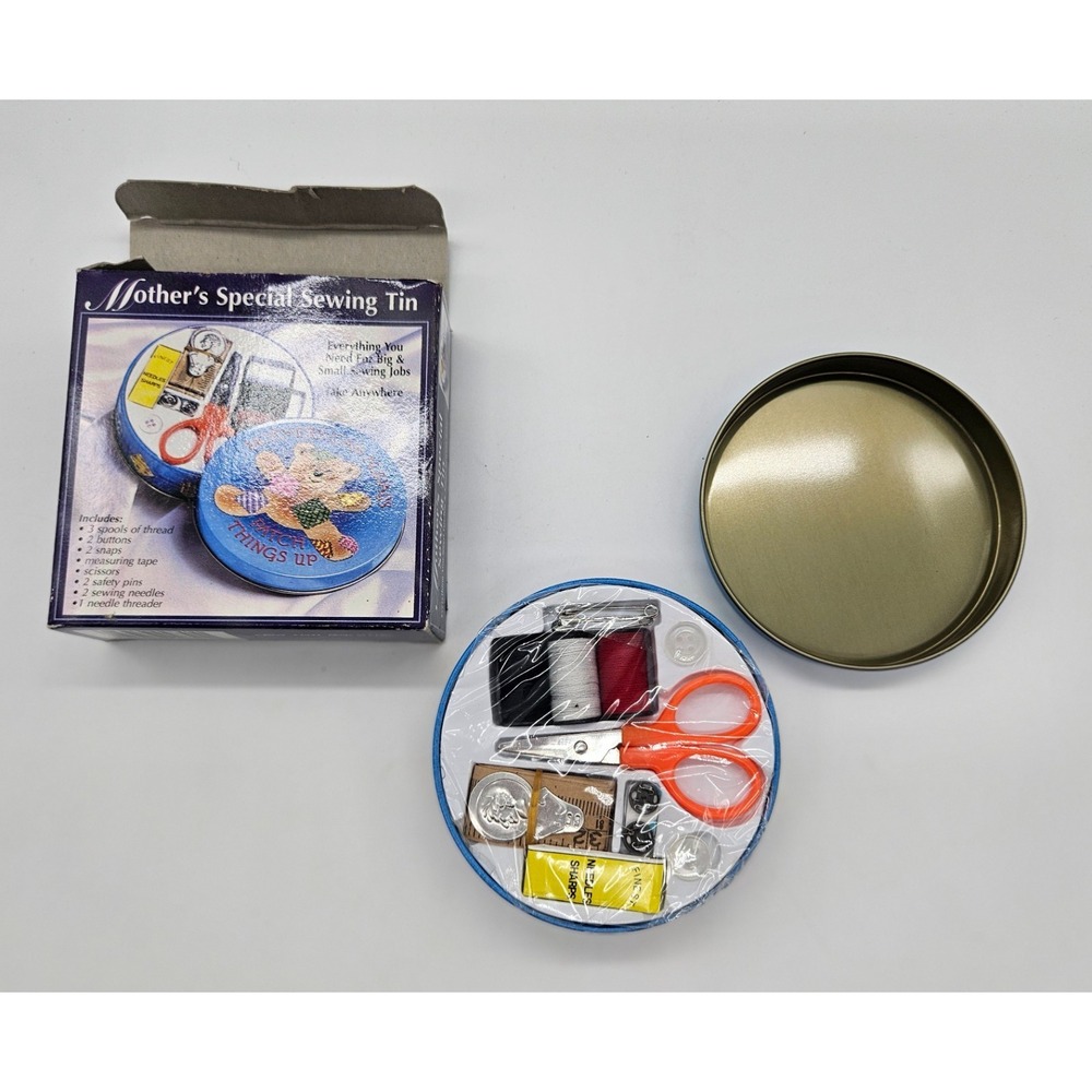 Mother's Special Sewing Tin Portable Travel Kit Teddy Bear Blue Round NIB 3.75" - Picture 6 of 6
